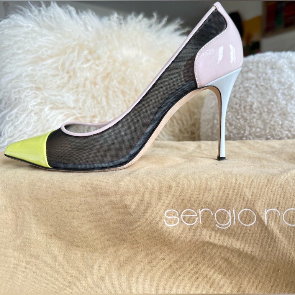 Sergio Rossi Black Mesh Pumps with Pink Trim and White Heel